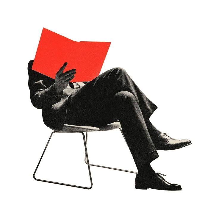 NOT A LOGO https://eduardoraggi.com.br Illustration of a man sitting on a chair reading a magazine.